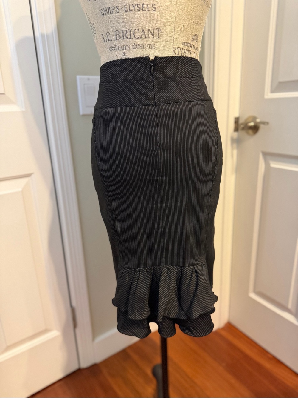 bebe Black Pinstripe Ruffle-Hem Pencil Skirt